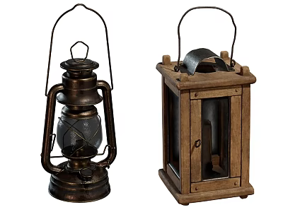 Vintage Decorative Candle Lanterns With Handles And Glass Shades In Metal And Wooden Design 3d model