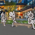 Neon Style Cartoon Character Sculptures Photo Spot With Various Poses Modern Building And Green Plants