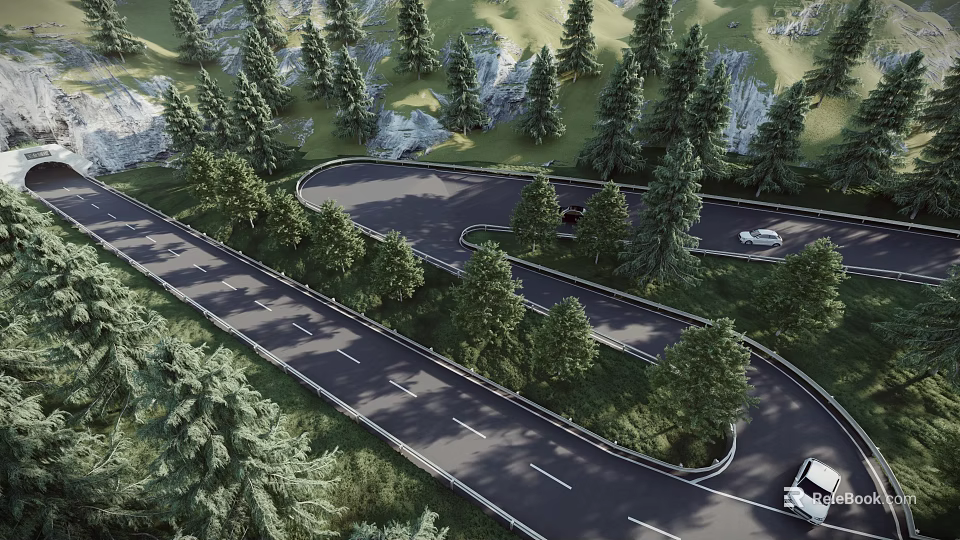 Curved Road Infrastructure Featuring Green Trees Traffic Lanes And Vehicles 3d model 