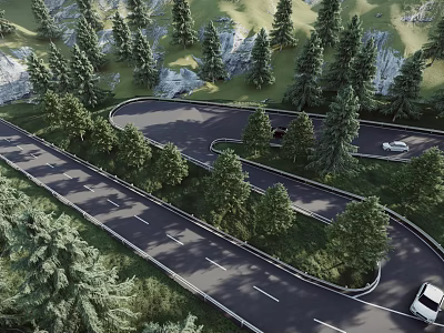 Curved Road Infrastructure Featuring Green Trees Traffic Lanes And Vehicles 3d model