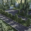 Curved Road Infrastructure Featuring Green Trees Traffic Lanes And Vehicles