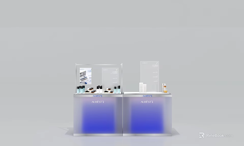 Men's Blue Gradient Island Display Counter With Transparent Boards And Skincare Products 3d model 