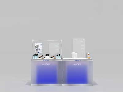 Men's Blue Gradient Island Display Counter With Transparent Boards And Skincare Products 3d model