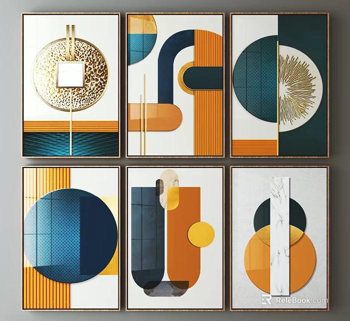 Abstract Geometric Wall Art Prints With Orange Blue Gold Tones And Marble Leopard Patterns 3d model