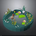 Modern Circular Water Feature With Blue Water Lily Pads Lotus Flowers And Decorative Plants
