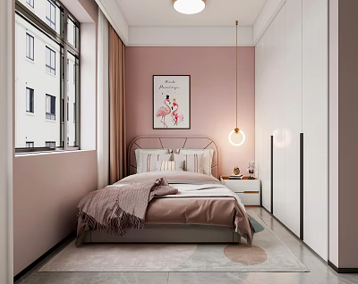 Kids Room Interior With Pink Walls White Wardrobes Bed And Hanging Lamp 3d model
