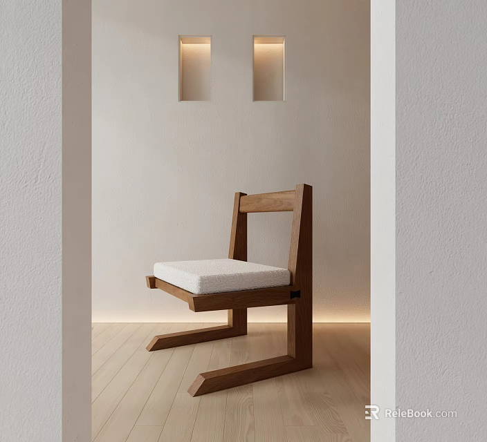 Modern Wooden Leisure Chair With White Cushion In Minimalist Interior Space 3d model 