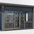 The Pavilion Store Black Facade With Golden Decorative Columns Glass Doors And Colorful Product Shelves