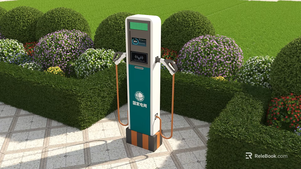 Outdoor Electric Vehicle Charging Station With Green Lawn And Flower Beds 3d model 