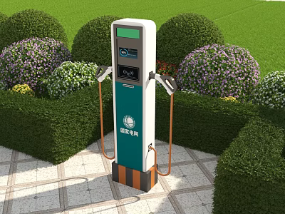 Outdoor Electric Vehicle Charging Station With Green Lawn And Flower Beds 3d model