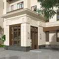 Beige Stone Entrance Gate Portico With Glass Door And Greenery Near Children