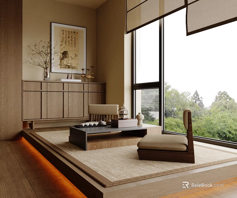 Traditional Japanese Tea Room Interior With Tatami Large Windows Green Trees View And Decorative Painting 3d model 