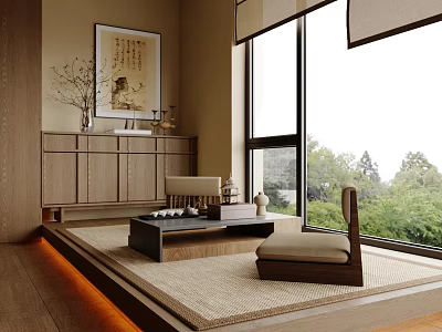 Traditional Japanese Tea Room Interior With Tatami Large Windows Green Trees View And Decorative Painting 3d model