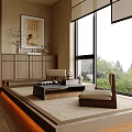 Traditional Japanese Tea Room Interior With Tatami Large Windows Green Trees View And Decorative Painting