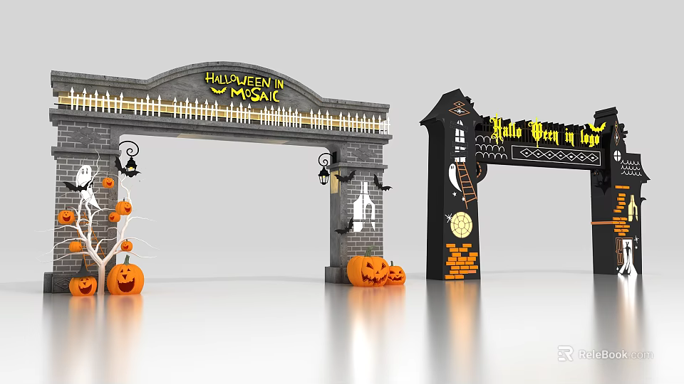 Halloween Event Entrance with Magic Theme Pumpkins Bats Clock and Brick Structure 3d model