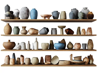 Assorted Ceramic Vessels Displayed On Wooden Shelves With Various Colors And Shapes 3d model