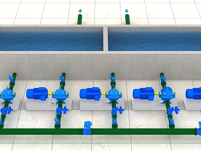 Industrial Water Treatment Equipment With Blue Pumps Piping Systems And Green Flooring 3d model