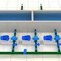 Industrial Water Treatment Equipment With Blue Pumps Piping Systems And Green Flooring