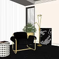 Stylish Black Leisure Chair With Golden Armrests Green Plant Floor Lamp And Tiger Decorative Painting