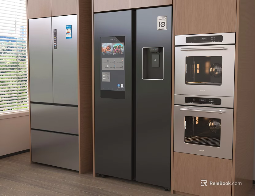 Sleek Multi Door Refrigerators in Modern Kitchen with Silver Dark Gray Finish and Wooden Cabinets 3d model 