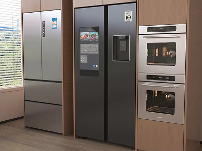Sleek Multi Door Refrigerators in Modern Kitchen with Silver Dark Gray Finish and Wooden Cabinets 3d model