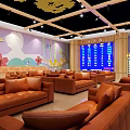 Kids Activity Room Interior With Brown Sofas Colorful Murals Flowers Butterflies Trees And Mushroom Decorations