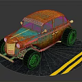 Vintage Modified Car With Orange Blue Rusty Exterior Large Wheels And Yellow Lines On Platform
