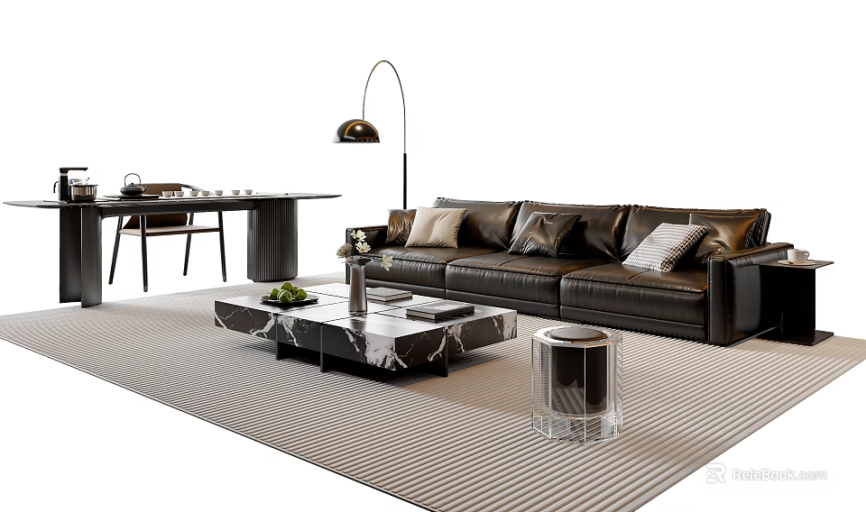 Black Leather Sofa and Marble Coffee Table Set with Throw Pillows Striped Rug Floor Lamp 3d model 
