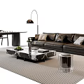 Black Leather Sofa and Marble Coffee Table Set with Throw Pillows Striped Rug Floor Lamp
