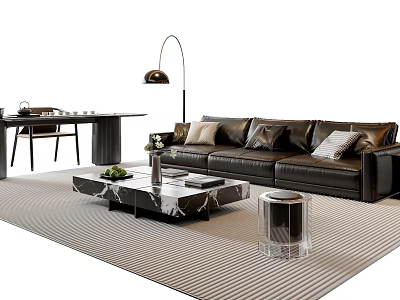 Black Leather Sofa and Marble Coffee Table Set with Throw Pillows Striped Rug Floor Lamp 3d model
