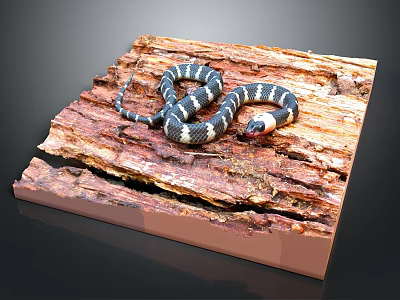 Black And White Coiled Snake With Red Head On Wooden Surface 3d model