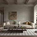 Warm Natural Living Dining Room Interior With Beige Sofa Wooden Coffee Table And Geometric Rug