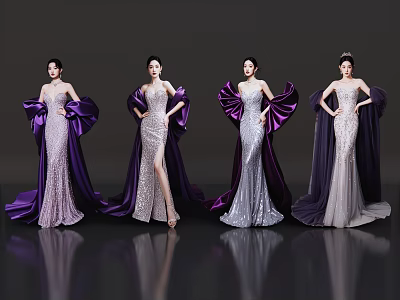 Elegant Women In Silver And Purple Sequined Gowns With Flowing Trains On Dark Background 3d model