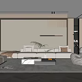 Modern Living Room With White Sofa Pillows Coffee Table Rug Striped Armchair and Green Plant