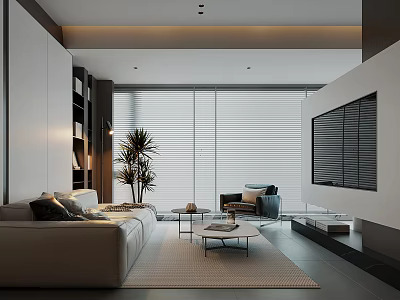 Modern Living Room Interior With Sofa Coffee Table TV Plant And Window Blinds 3d model