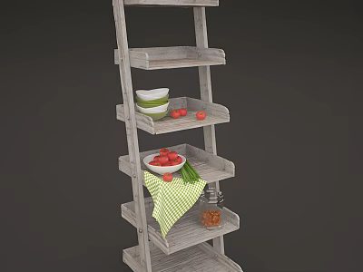 Wooden Tiered Shelf Displaying Fresh Food Items Strawberries Tomatoes Nuts and Bowls 3d model
