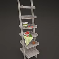 Wooden Tiered Shelf Displaying Fresh Food Items Strawberries Tomatoes Nuts and Bowls