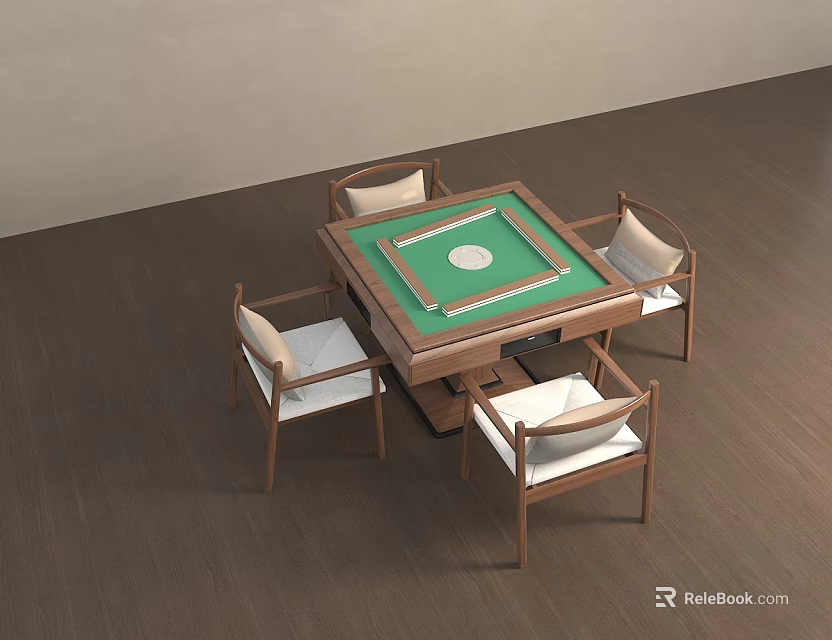 Wooden Mahjong Table and Chair Set with Green Tabletop and White Cushions 3d model 