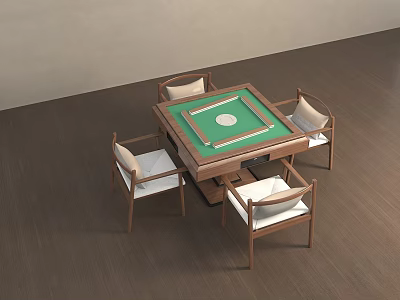 Wooden Mahjong Table and Chair Set with Green Tabletop and White Cushions 3d model