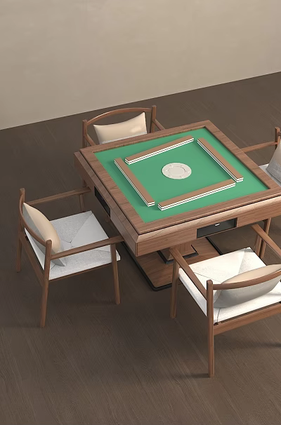 Wooden Mahjong Table and Chair Set with Green Tabletop and White Cushions 3d model