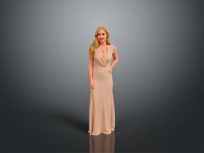 Elegant Deep V Neck Beige Long Dress With Flowy Fabric And Slim Fit Design 3d model
