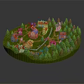 Cartoon Scene With Colorful Small Houses Green Pine Trees And Winding Paths