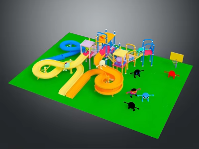 Colorful Children's Playground Equipment With Slides Climbing Frames And Animal Decorations On Green Ground 3d model