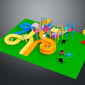 Colorful Children's Playground Equipment With Slides Climbing Frames And Animal Decorations On Green Ground