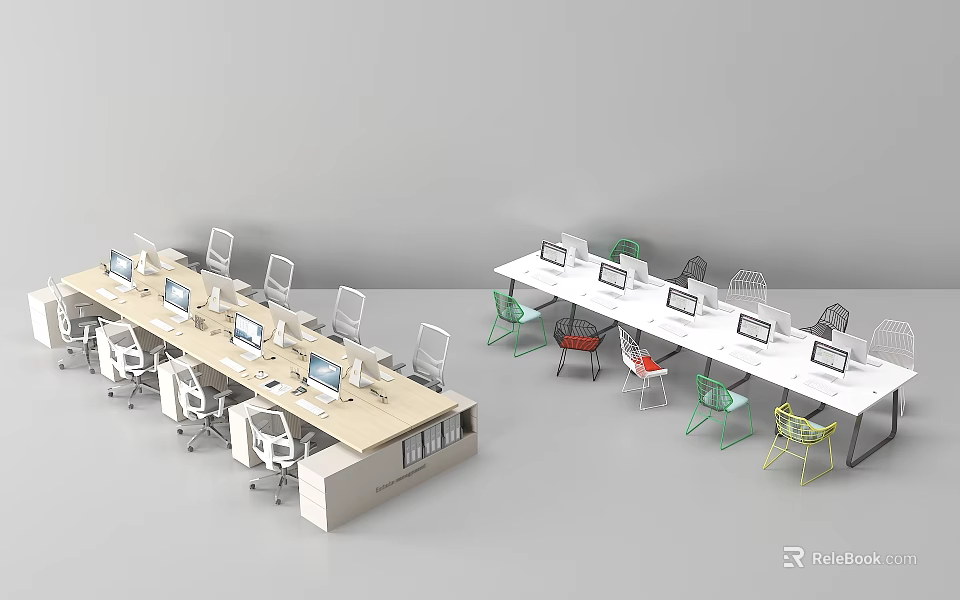Modern Office Desks With Multiple Workstations Colorful Chairs And Computer Monitors 3d model