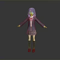 Anime Game Movie Character With Blue Hair Purple Coat Pink Bow Tie And Plaid Skirt