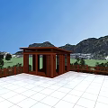 Garden Landscape Featuring Wooden Pavilion Black Roof White Tiled Platform Green Lawn And Distant Mountains