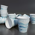 Blue And White Paper Cups With Wave Patterns Stacked And Scattered On Gray Surface 3d model