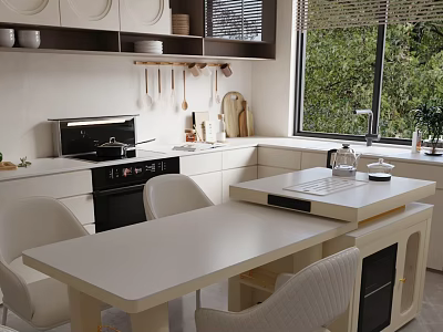 Modern White Kitchen Interior With Cabinets Island Dining Table Chairs And Window Appliances 3d model