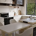 Modern White Kitchen Interior With Cabinets Island Dining Table Chairs And Window Appliances